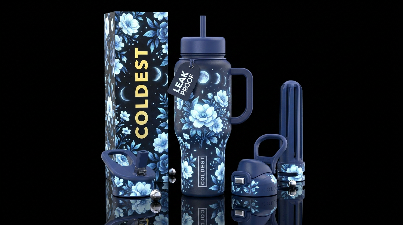 Glow in the dark moonlight floral water bottle design