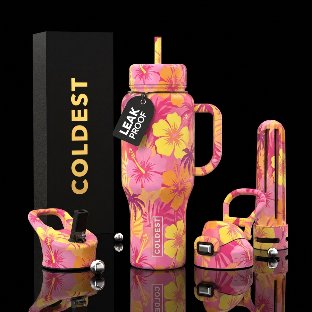 Abstract Hawaiian hibiscus, pink, yellow, orange, ... water bottle design