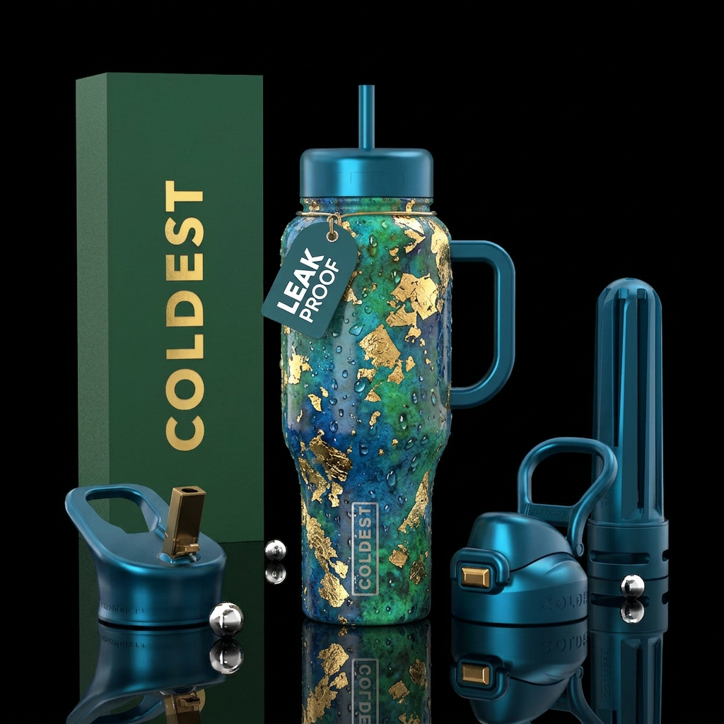Gold leaf, water, rain, blue, green, elegance water bottle design