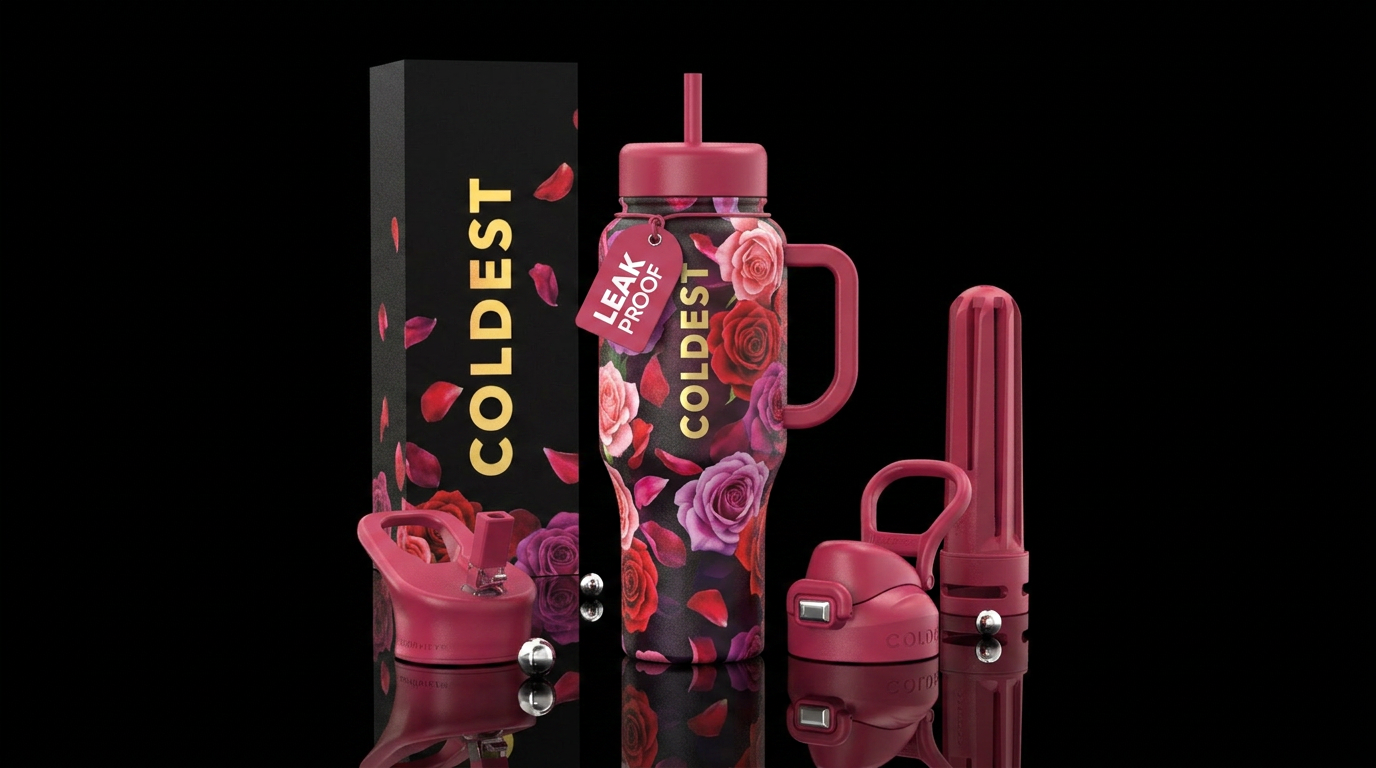 Roses, red, pink, purple, falling petals water bottle design
