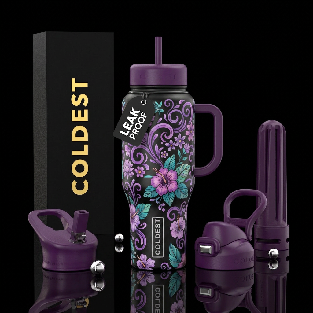 Whimsical, purple swirls, flowers, teals, greens, ... water bottle design