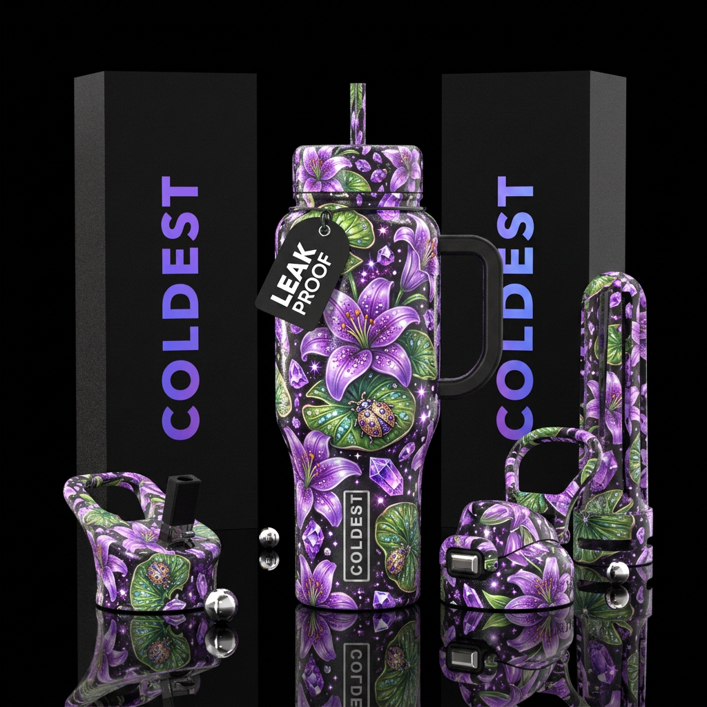 Lilies, purple, ladybugs, crystals, green, sparkle... water bottle design
