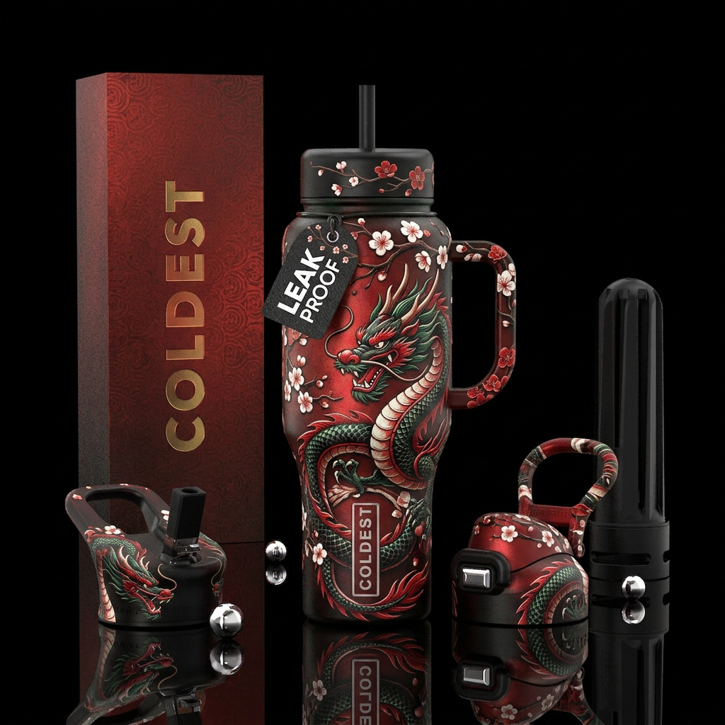 Chinese traditional dragon, cherry blossoms, red, ... water bottle design