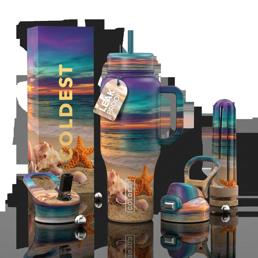 Beach, sand, shells, sunset, purple, teal, blue, o... water bottle design