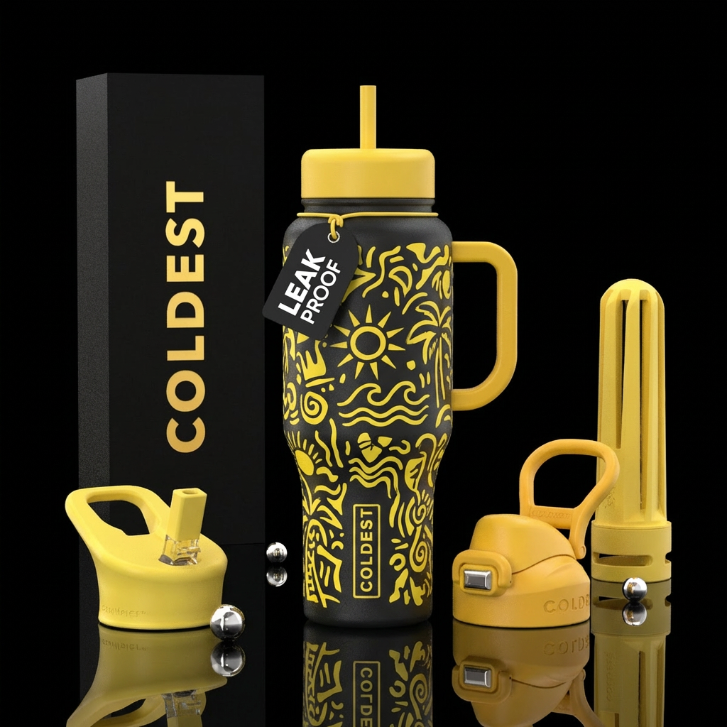 yellow, abstract, summer vibes water bottle design