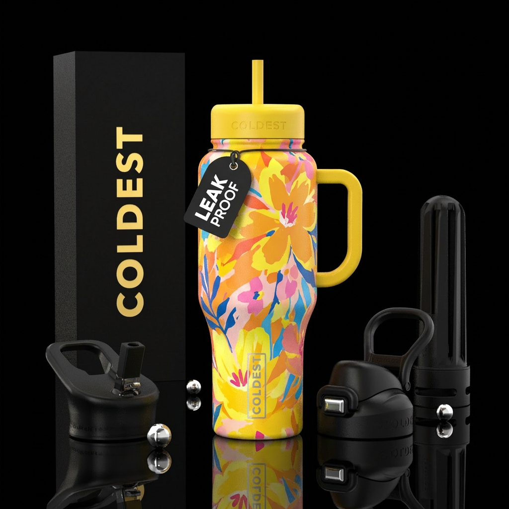 yellow, summer, floral, abstract water bottle design