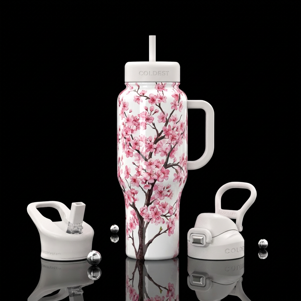 cherry tree, natural, white background water bottle design