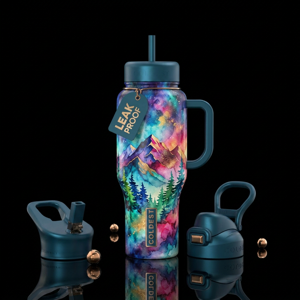 mountains, Colorado,, artistic, vibrant, trees, se... water bottle design