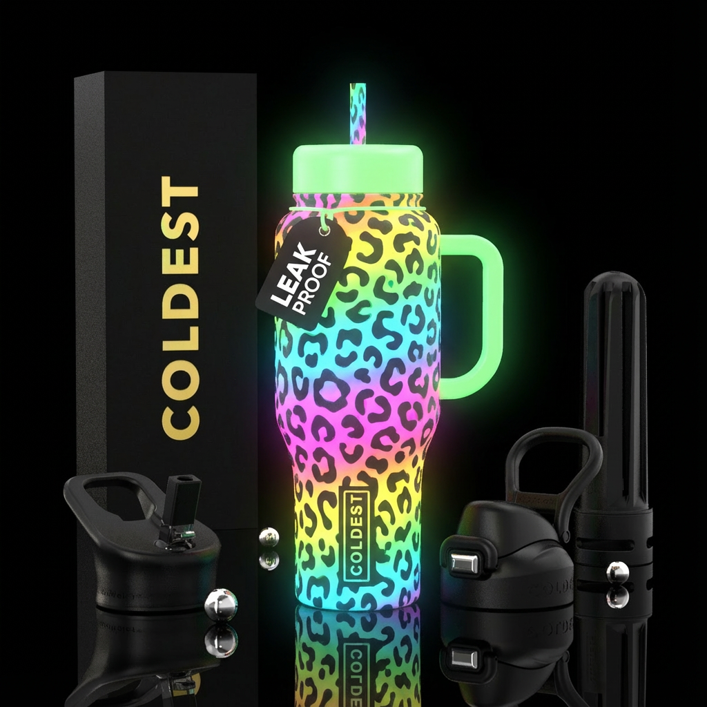 Glow in the dark neon rainbow leopard print water bottle design