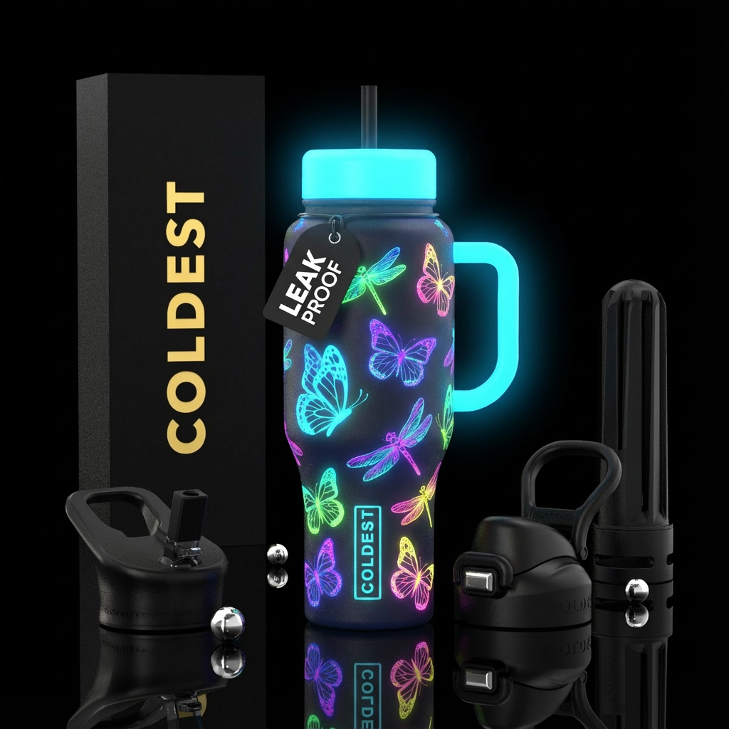 Glow in the dark neon butterflies and dragonflies water bottle design
