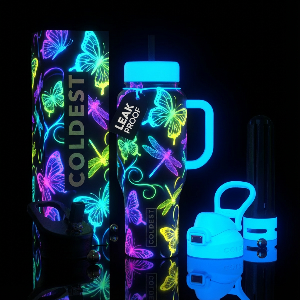 Glow in the dark neon butterflies and dragonflies water bottle design