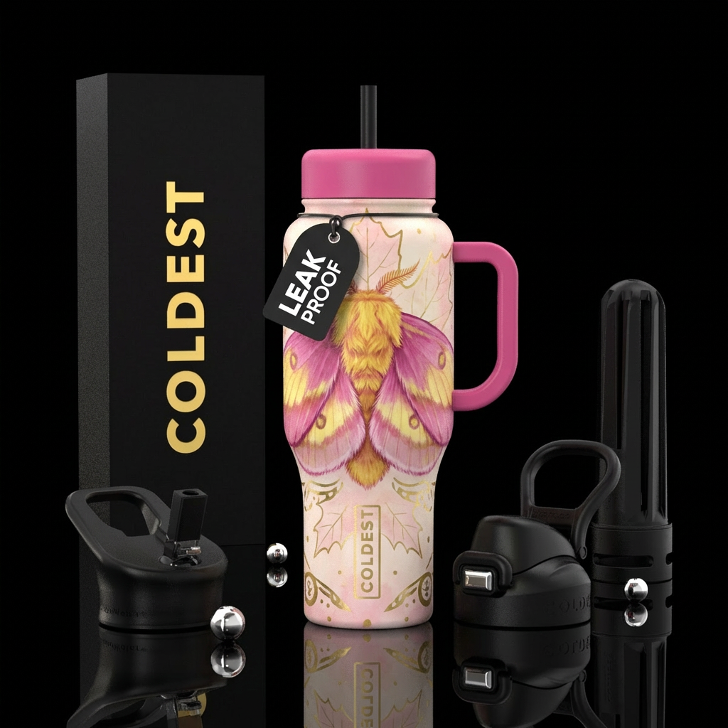 Rosy maple moth water bottle design