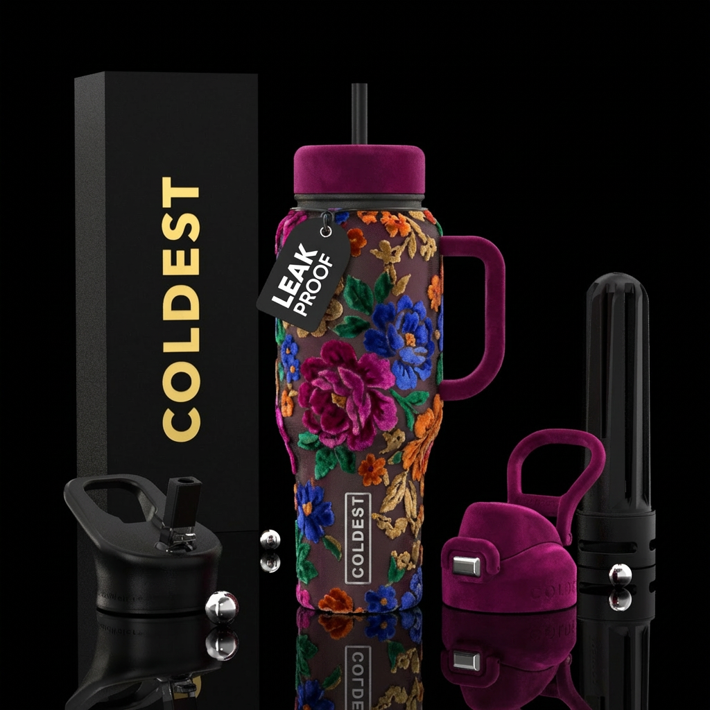 Floral burn out velvet water bottle design