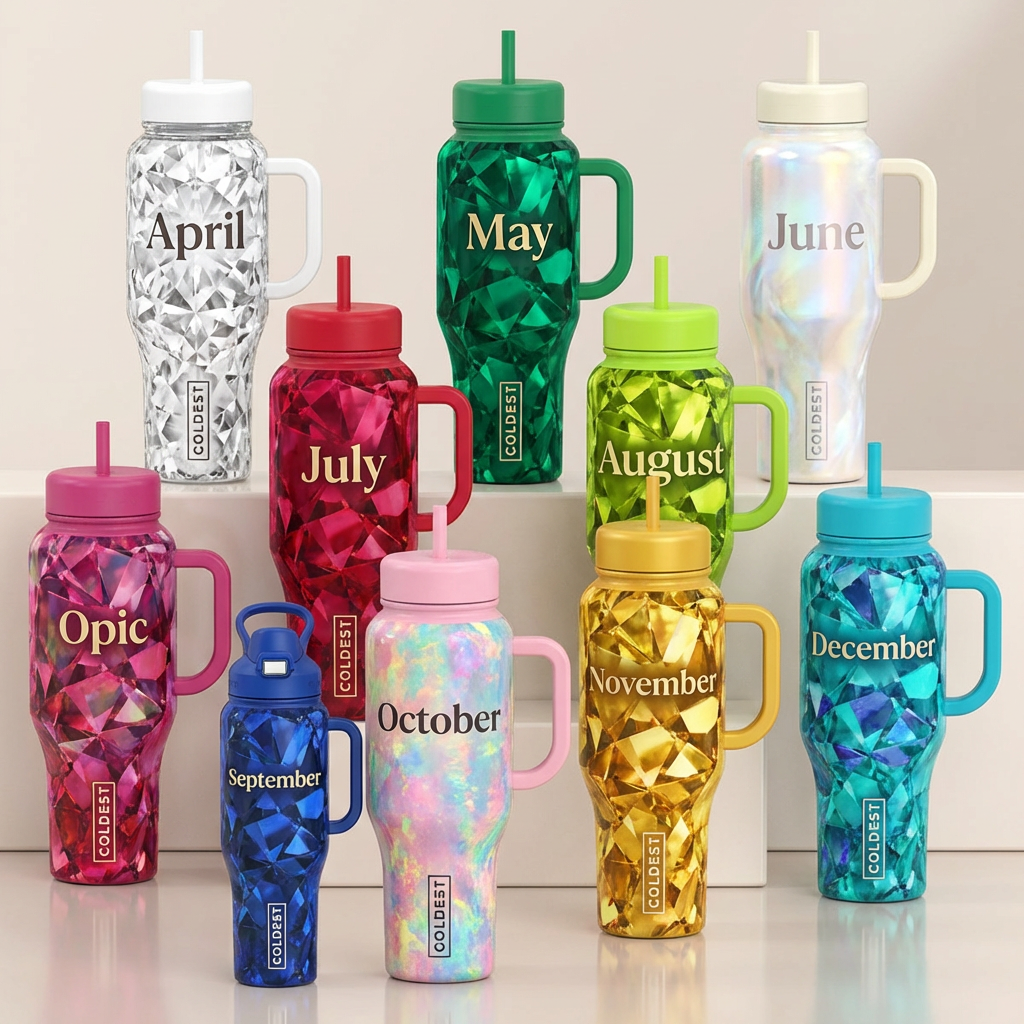 "Set of 9 cups for April, May, June, July August, ... water bottle design