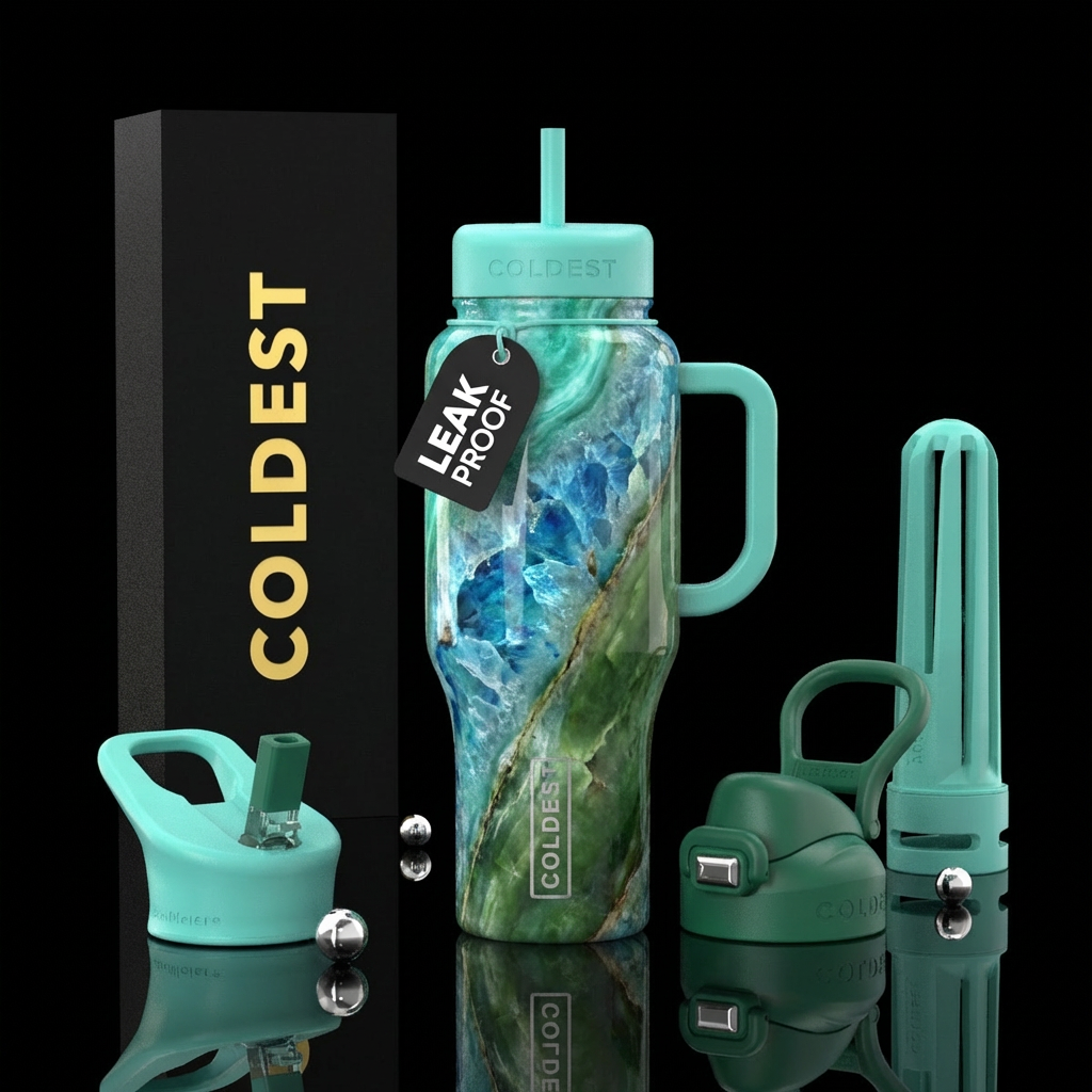 Green jade and aquamarine water bottle design
