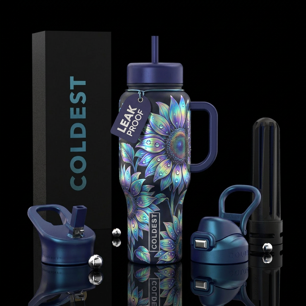 Iridescent sunflowers water bottle design