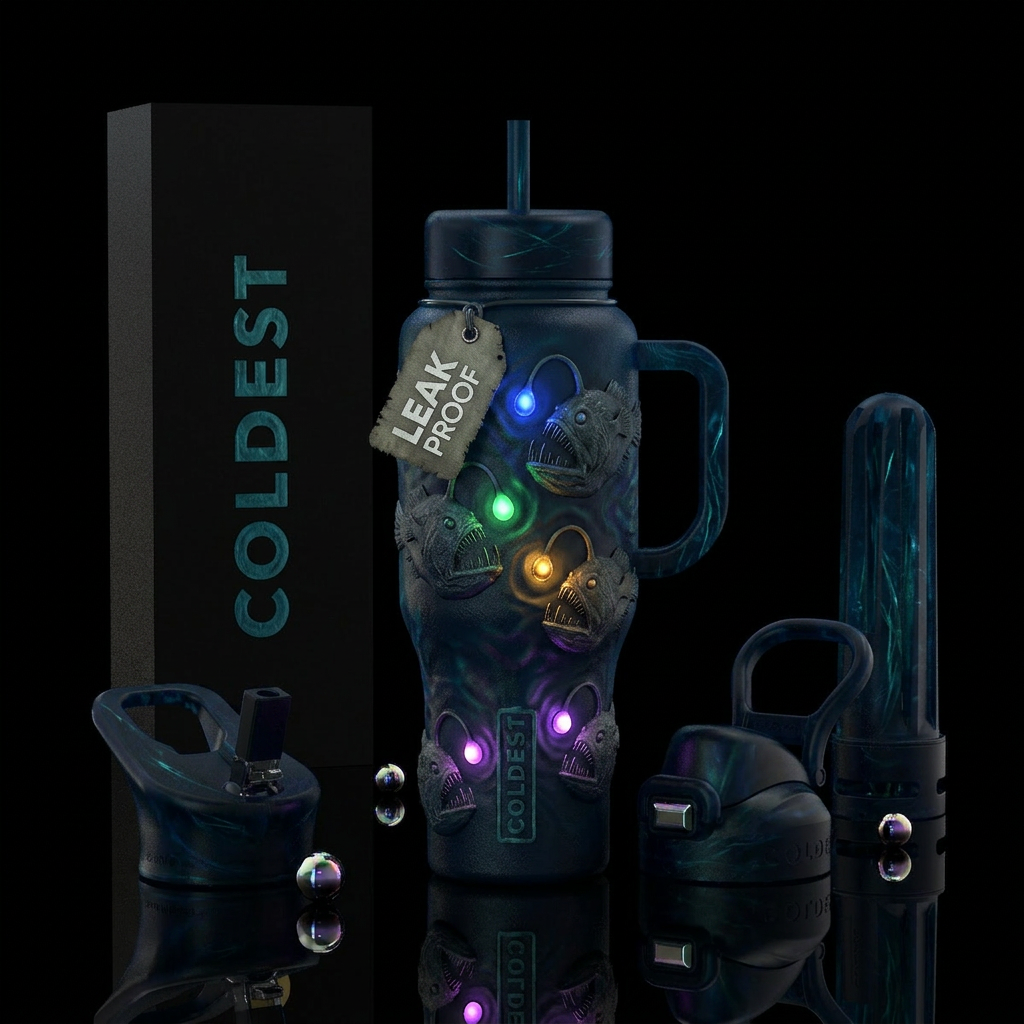 A few Angler fish with each one having a different... water bottle design
