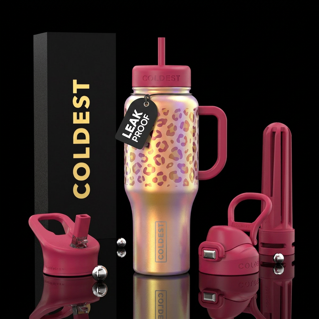 Raspberry leopard sunrise water bottle design