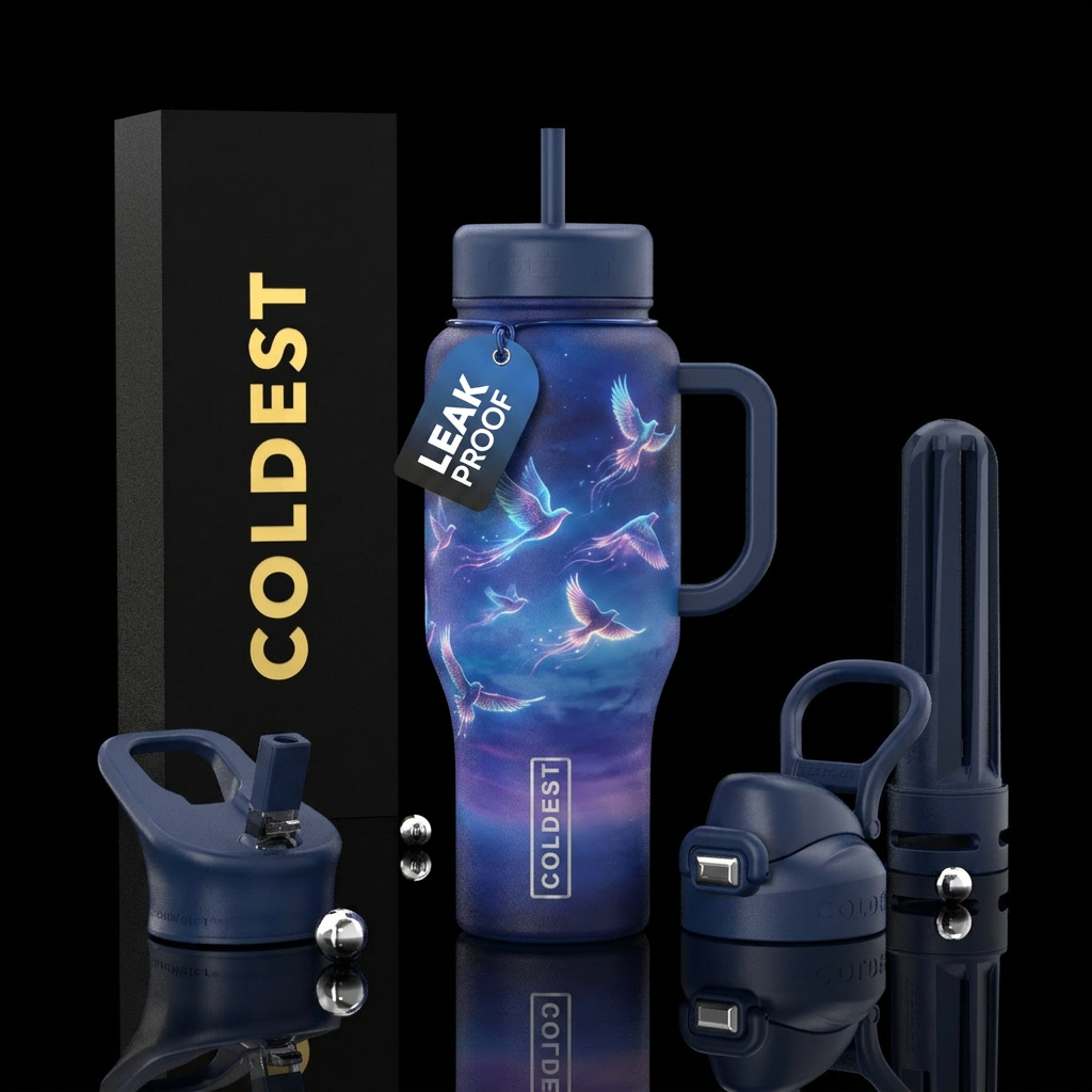 magical, birds, blue hour water bottle design