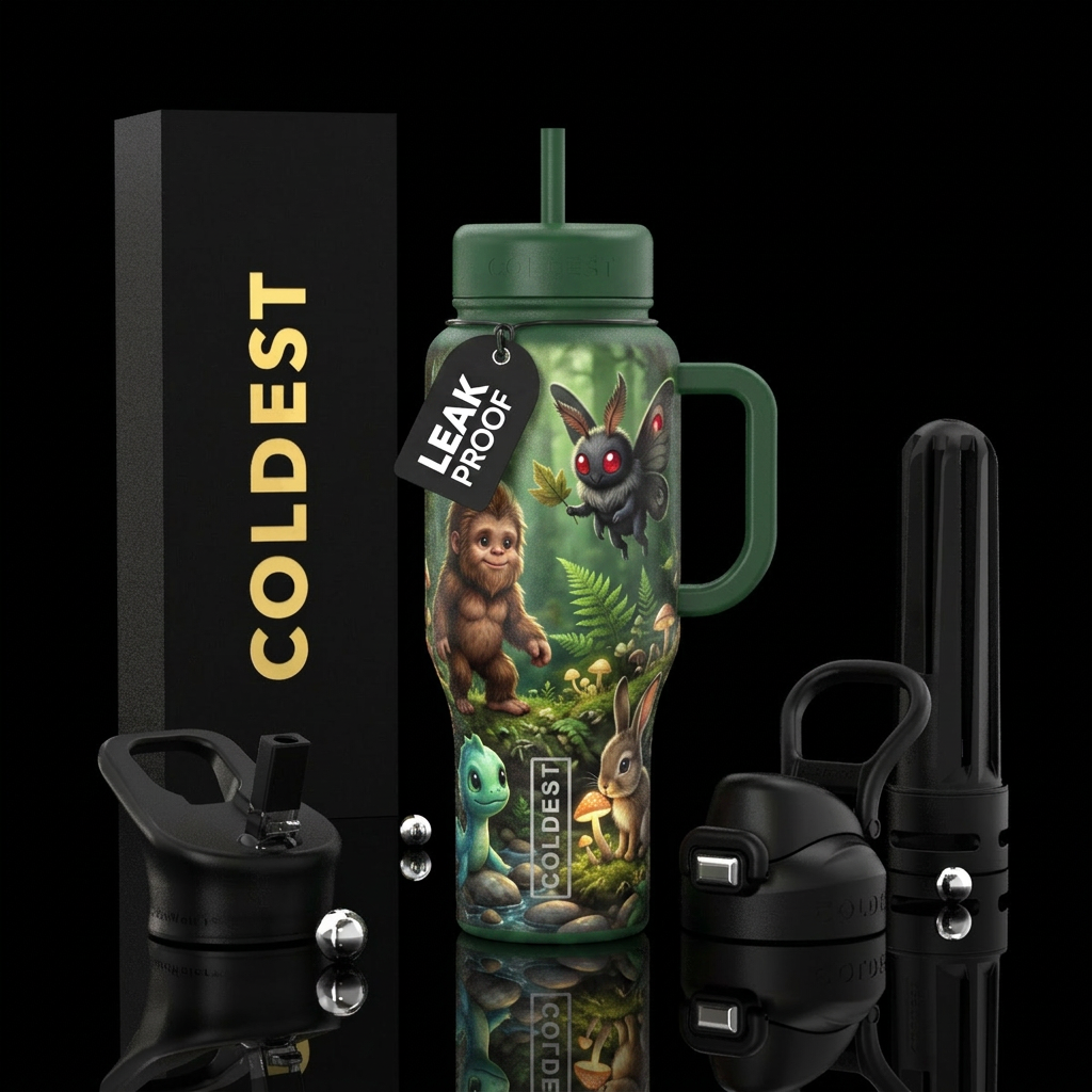 curious baby cryptids in nature interacting with o... water bottle design