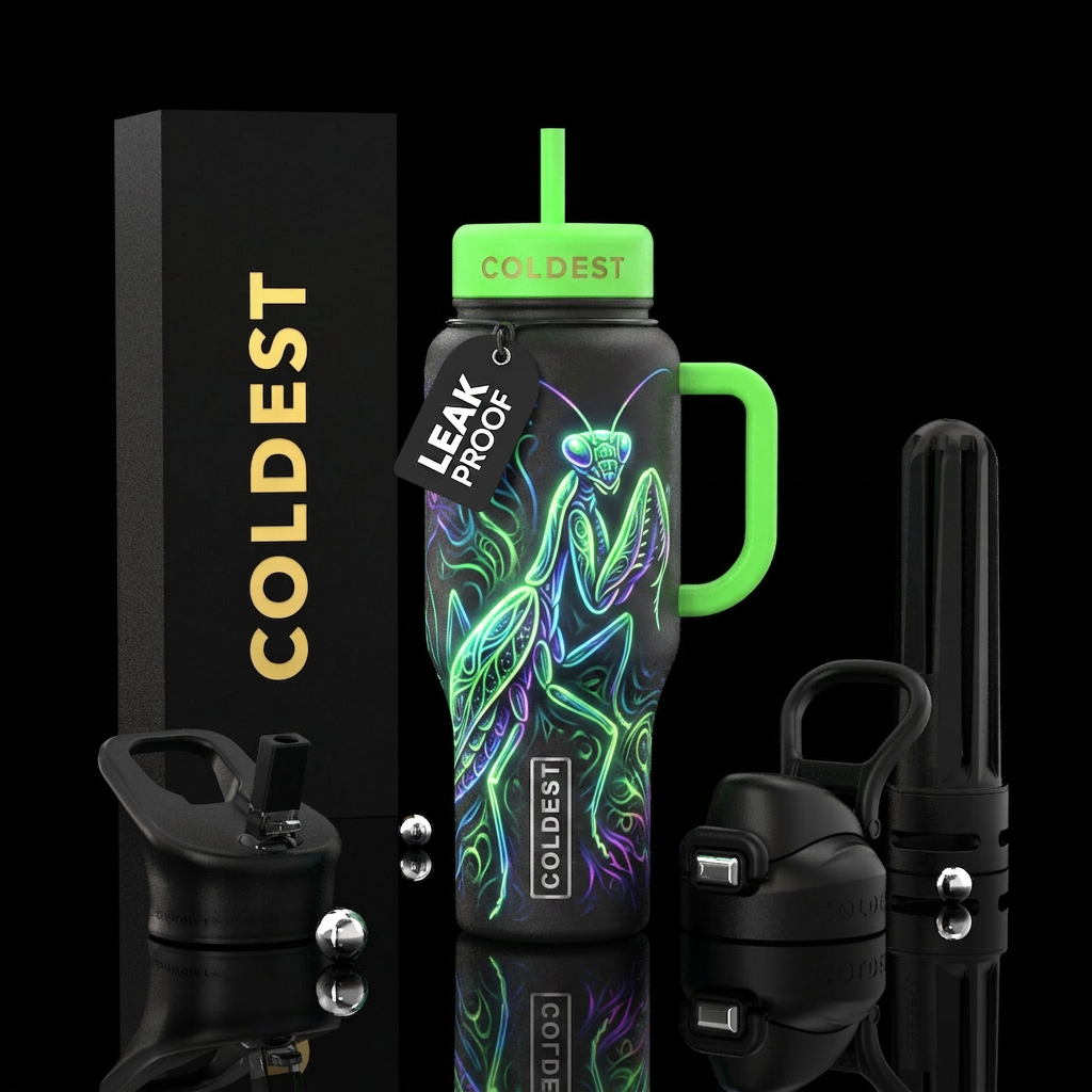 beautiul, glowie, mantis water bottle design