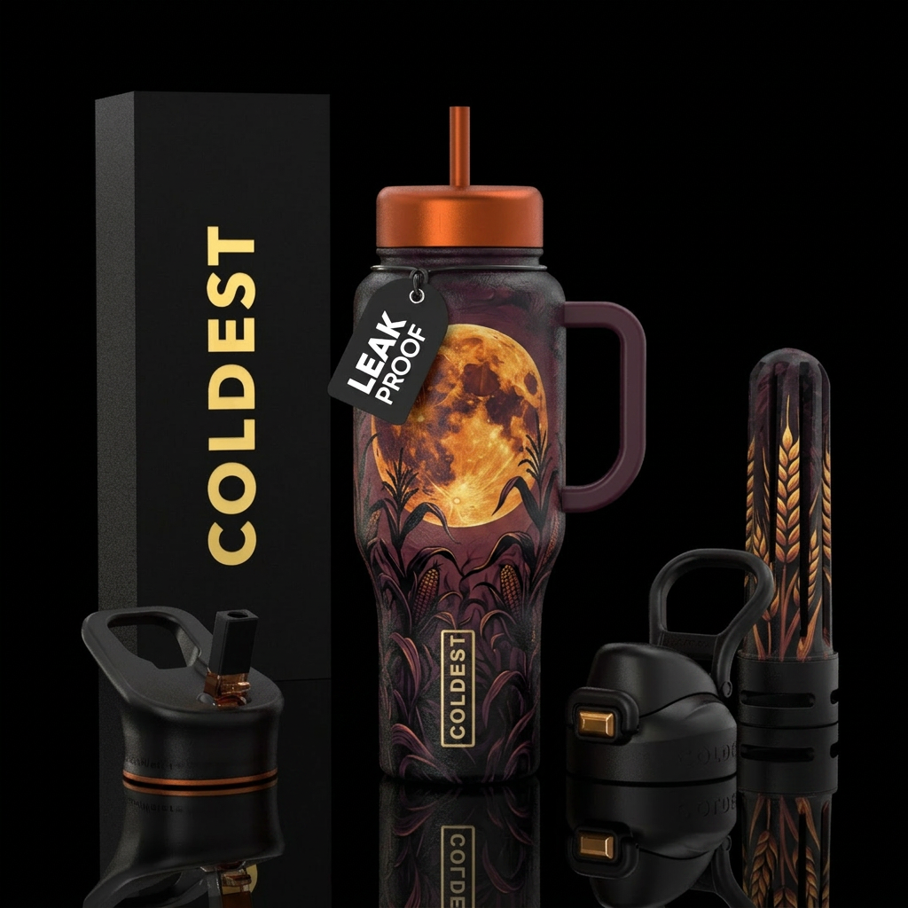 harvest moon, painted, dark mood water bottle design