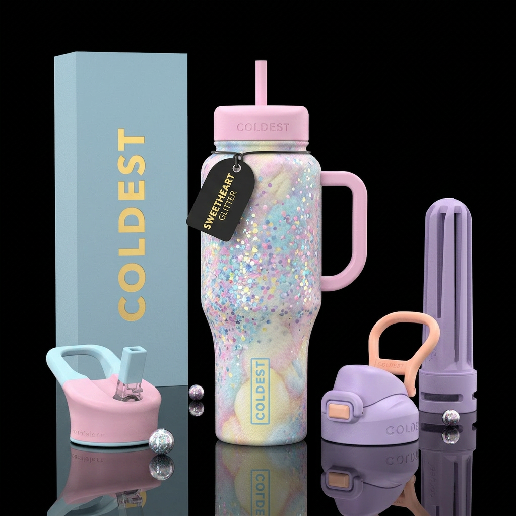 pastel marshmallow, glittery water bottle design