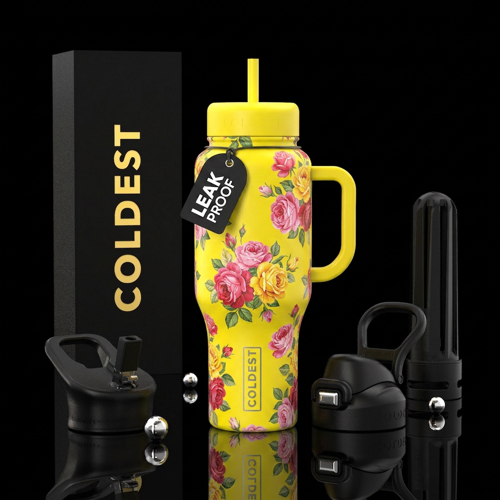 Yellow cup with roses water bottle design