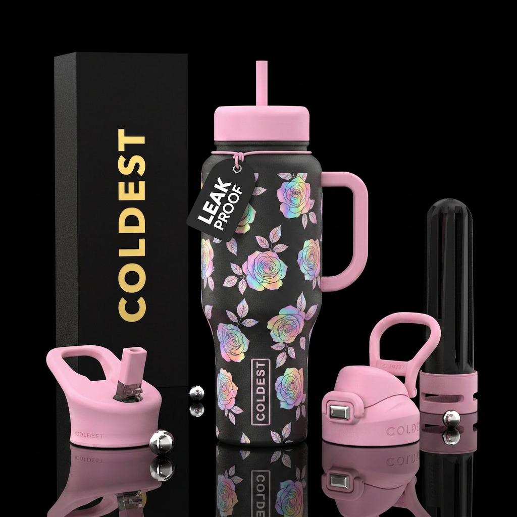 Rainbow rose cup with pink lid water bottle design