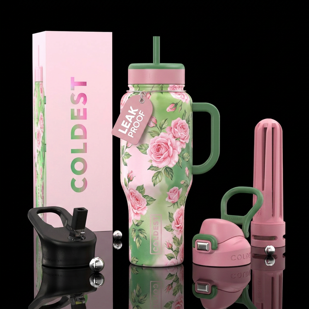 Light pink & green bottle with pink roses water bottle design