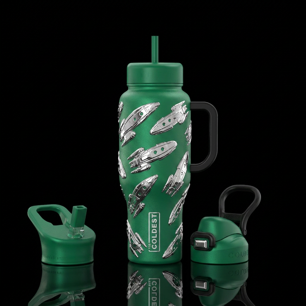 Green bottle with chrome space ships water bottle design