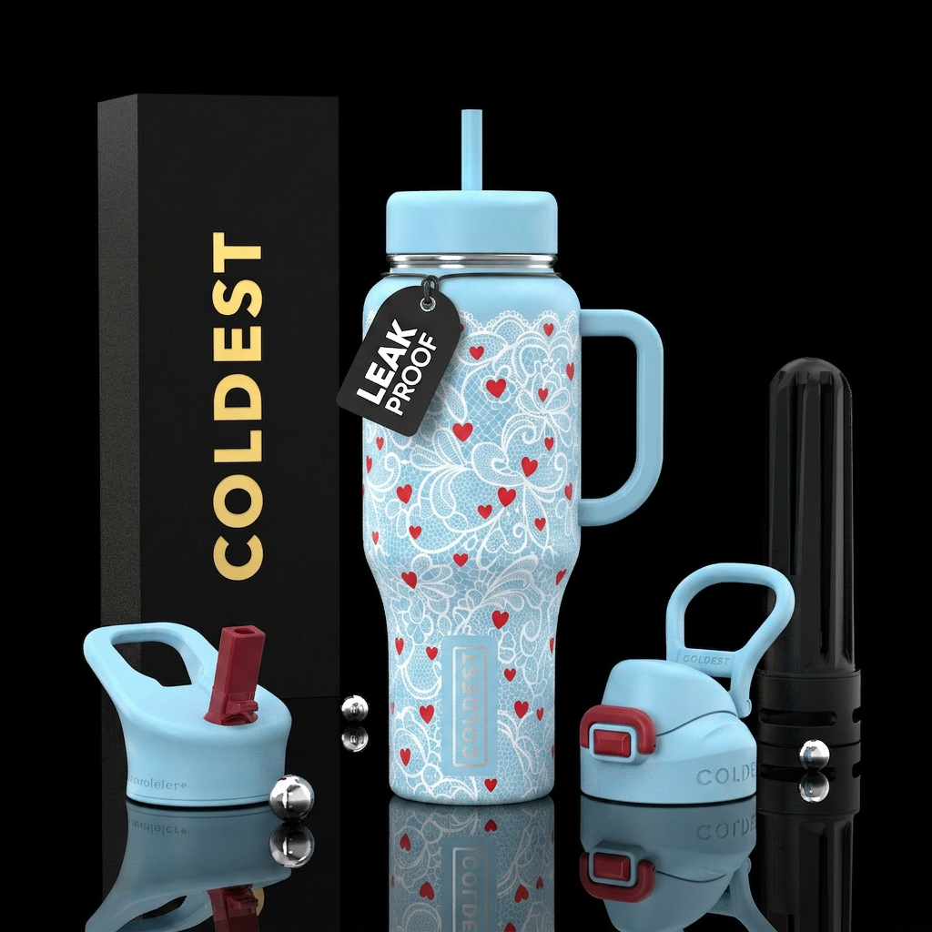 Light blue bottle with white lace and red hearts water bottle design