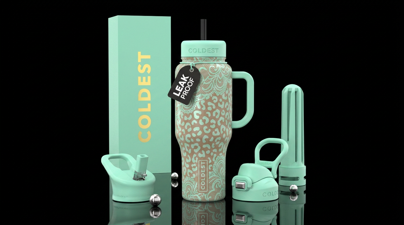 Light brown cup with mint green leopard and green ... water bottle design