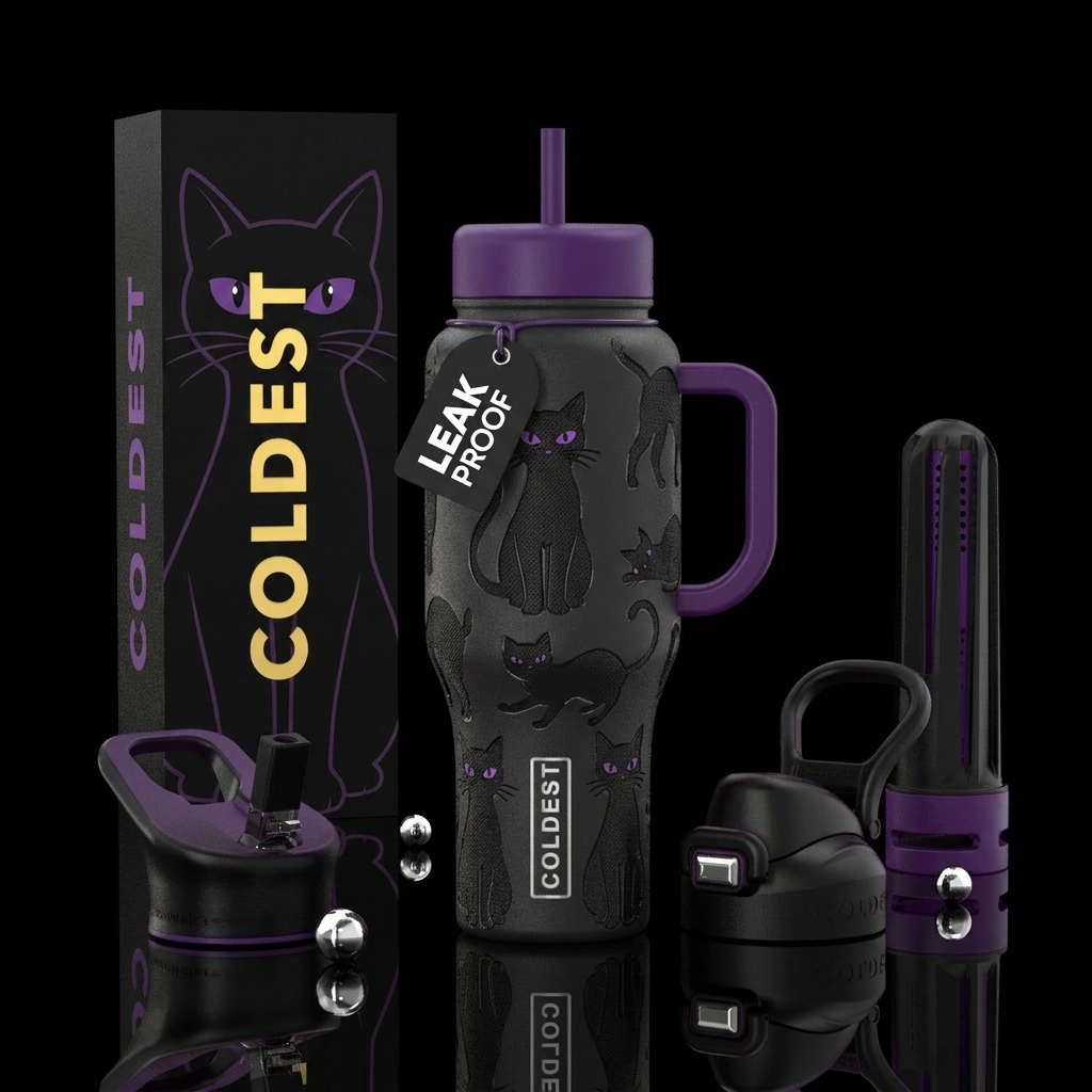 Sassy black cat water bottle design