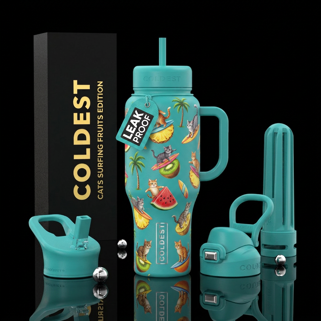 Cats surfing on fruits water bottle design
