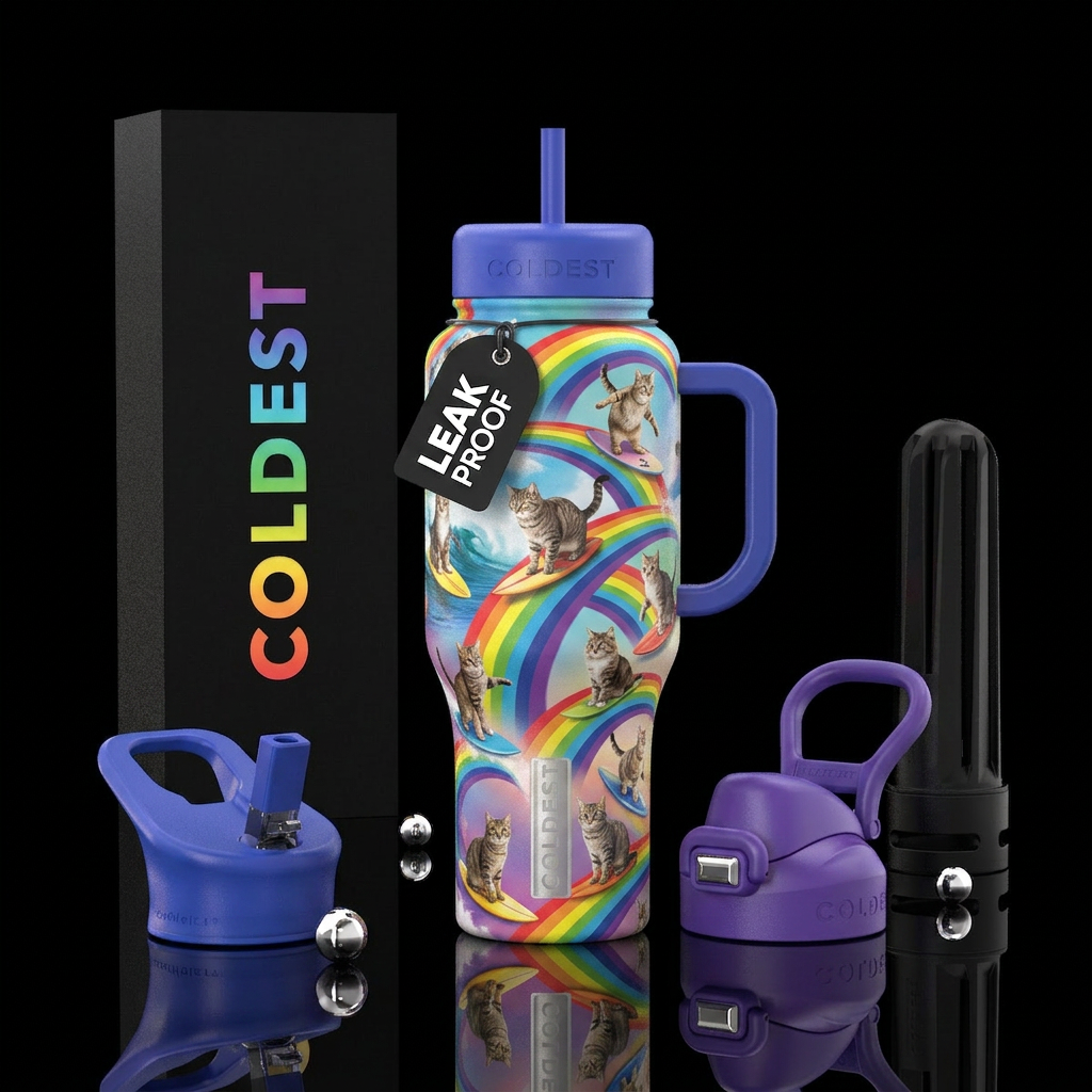 Cats surfing on rainbows water bottle design