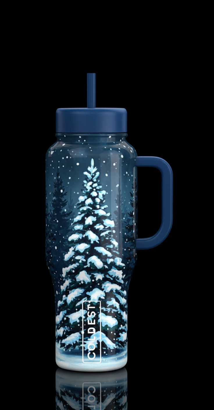 Dark blue bottle with a lone Christmas tree in for... water bottle design