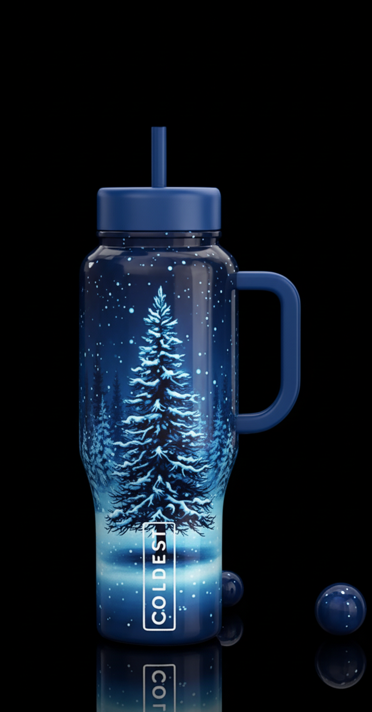 Dark blue bottle with a lone Christmas tree in for... water bottle design