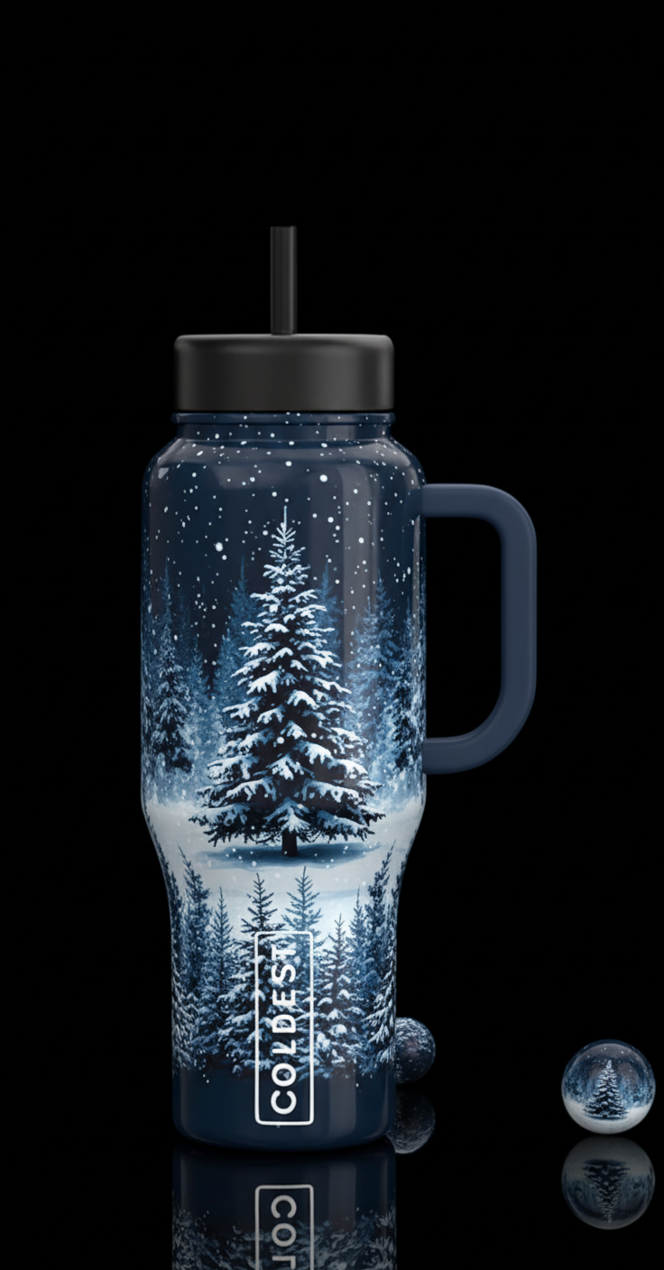 Dark blue bottle with a lone Christmas tree in for... water bottle design