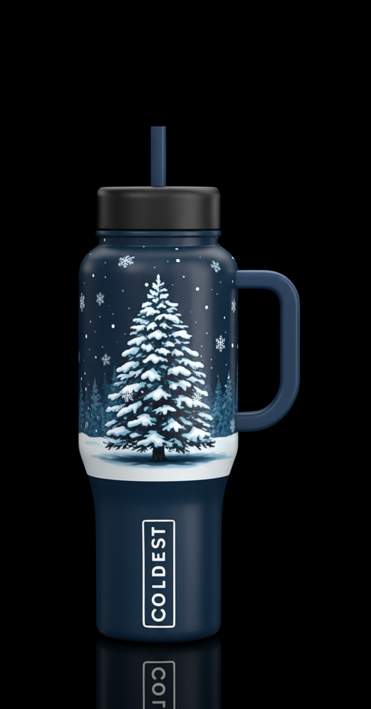 Dark blue bottle with a lone Christmas tree in for... water bottle design