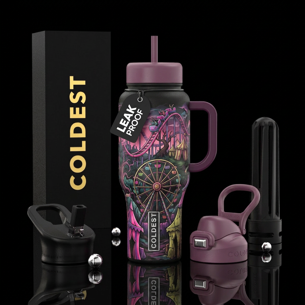 Creepy carnival with pink and purple a roller coas... water bottle design