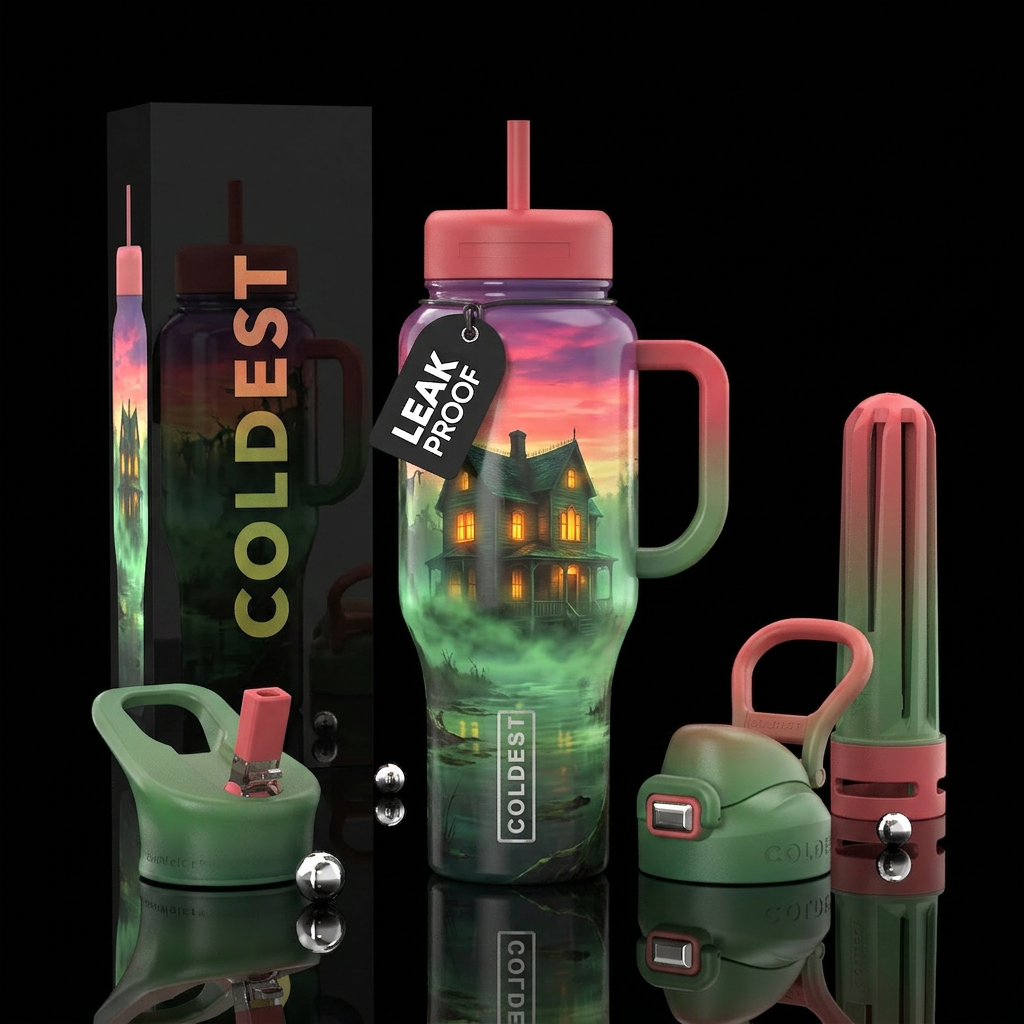 Glowing Haunted house in the middle of a swamp sur... water bottle design