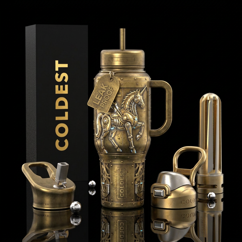 Glowing Steampunk unicorn wrap around with a brass... water bottle design