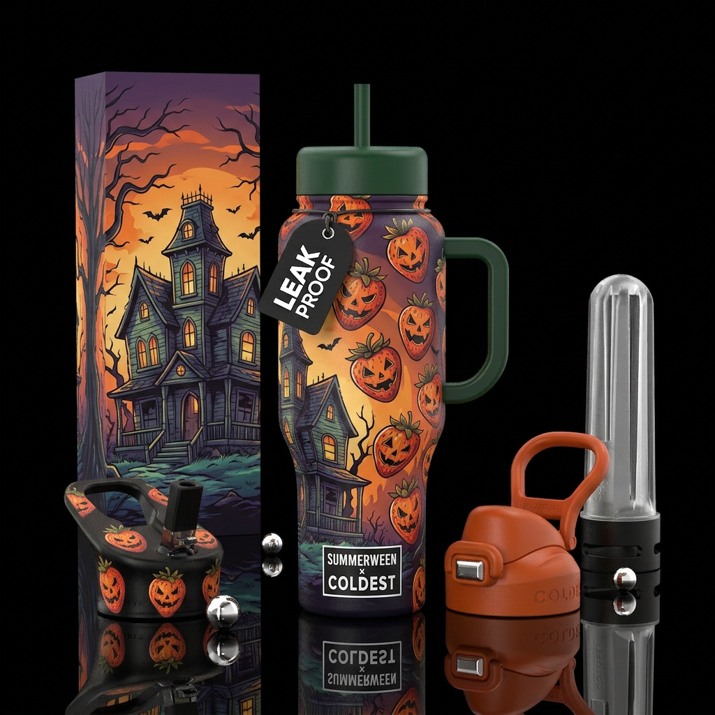 Summerween bottle with jack o lantern strawberries... water bottle design