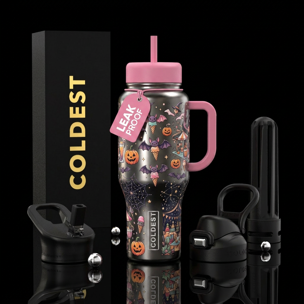 Summerween witch party with pink handles w water bottle design