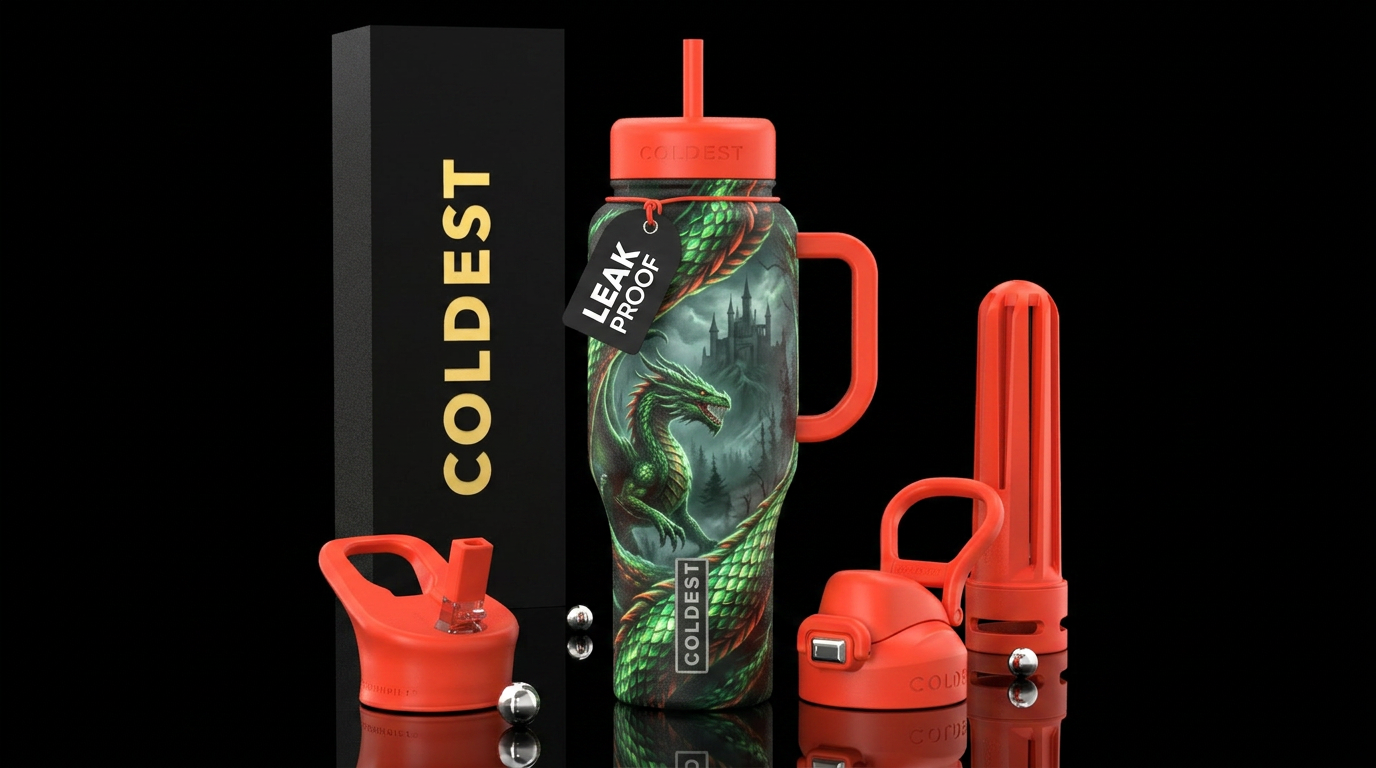 Green dragon glowing scales wrap around with red o... water bottle design