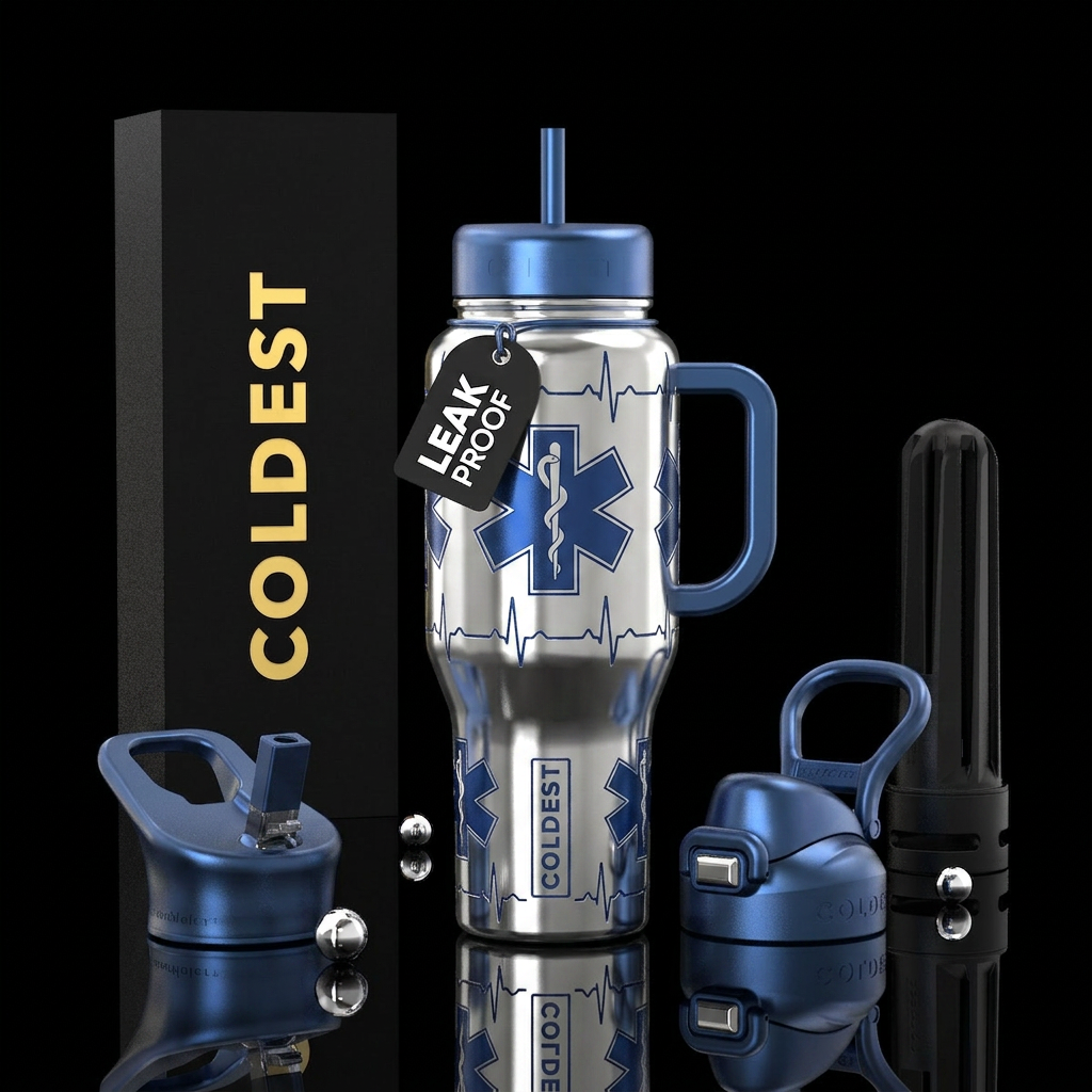Blue star of life on with white snake and staff on... water bottle design