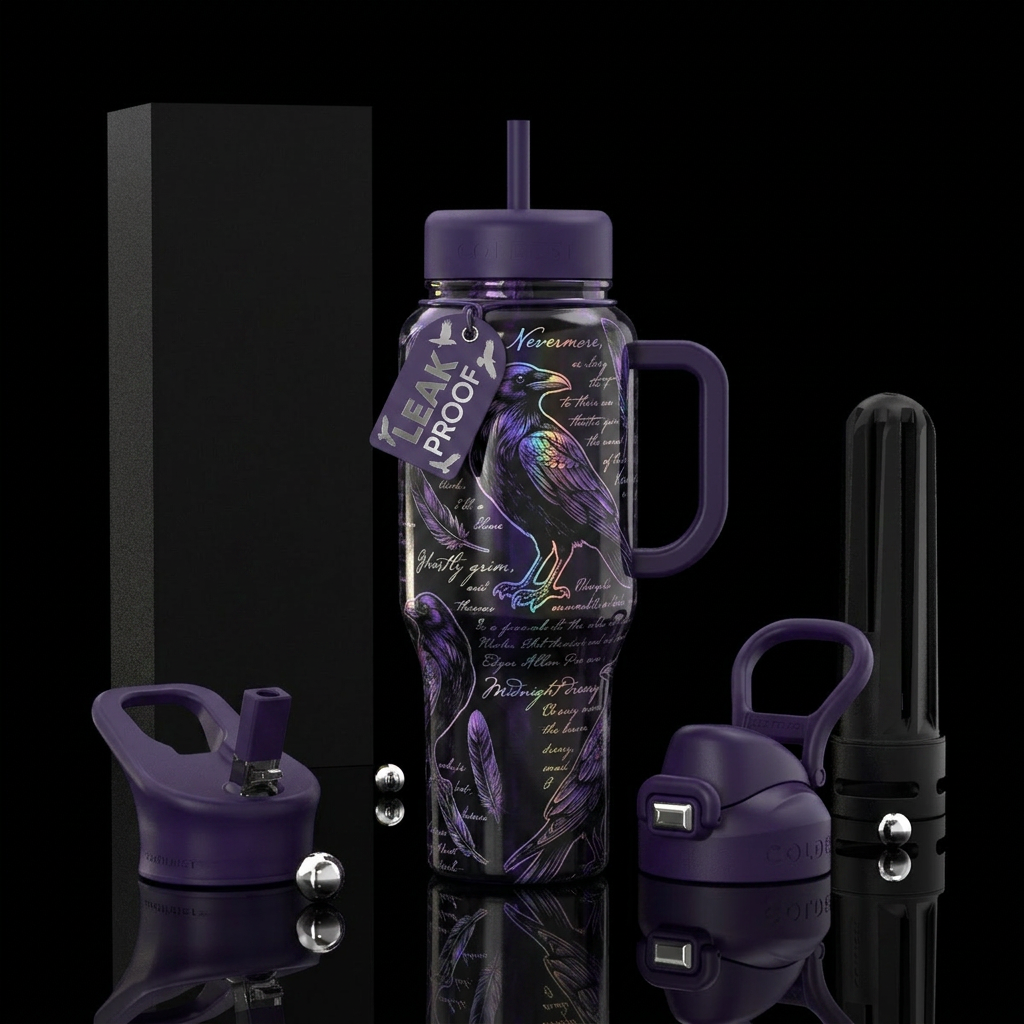 The raven edgar Allen Poe purple and black hologra... water bottle design