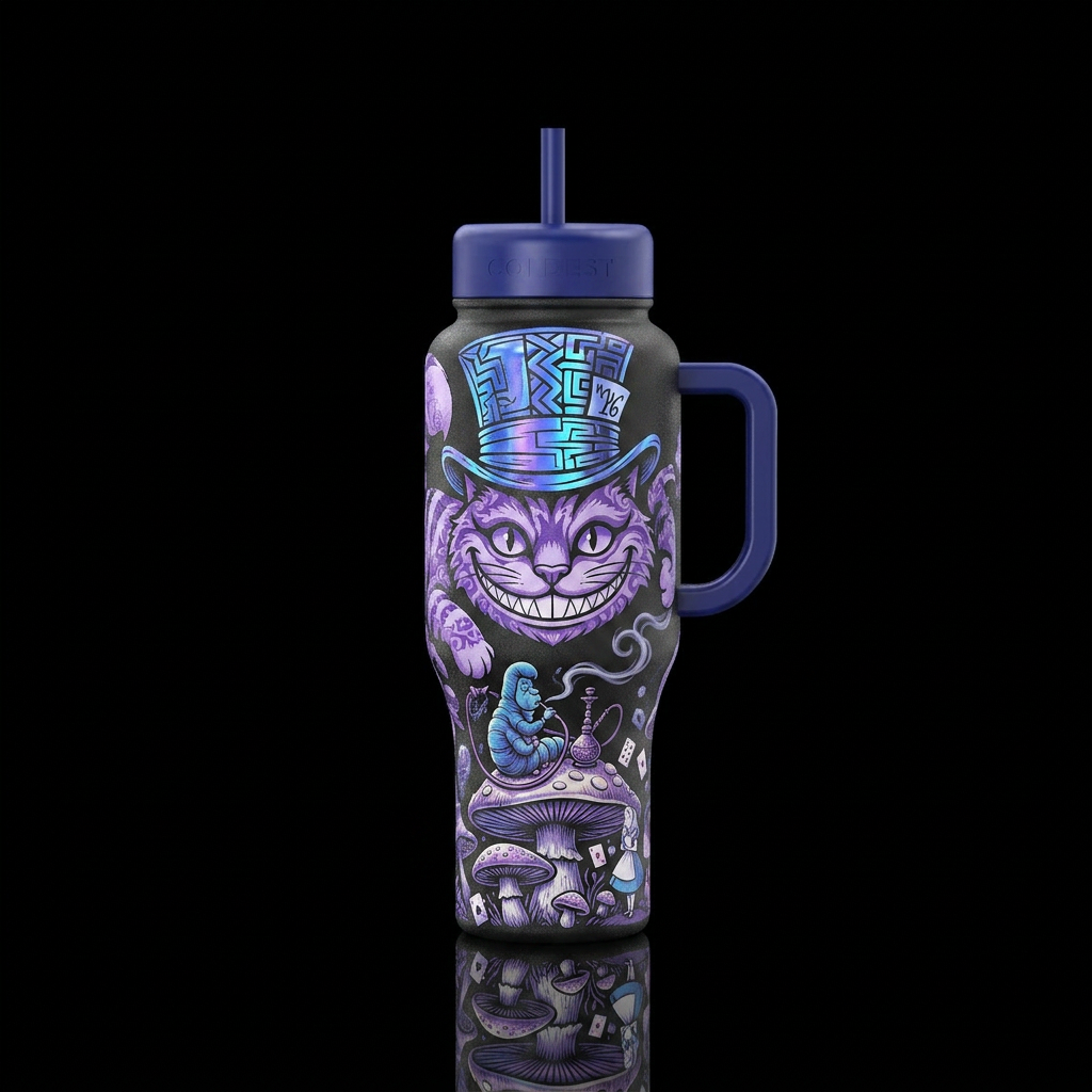 Purple Cheshire Cat with blue holographic mad hatt... water bottle design