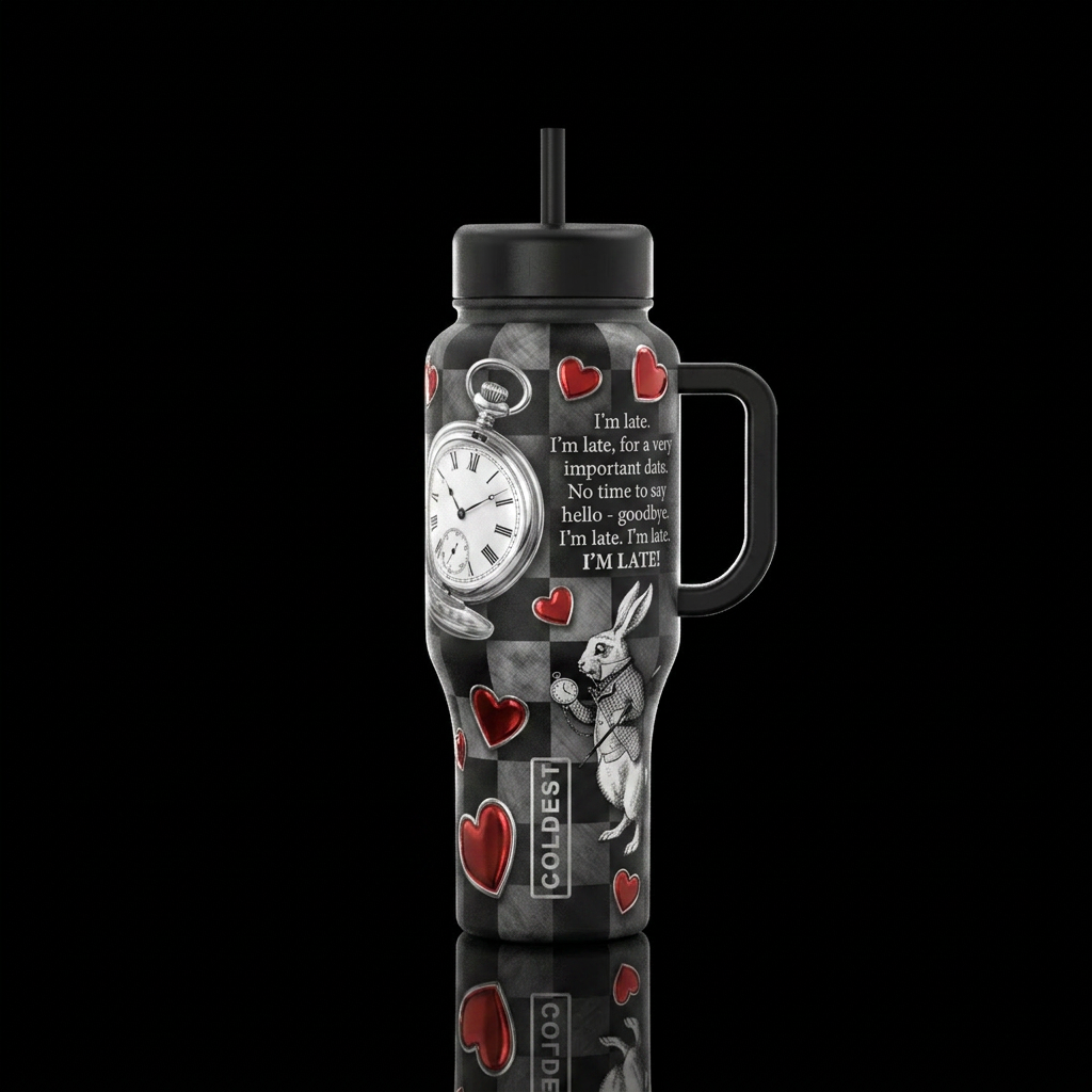 Black and white checkered background, large silver... water bottle design